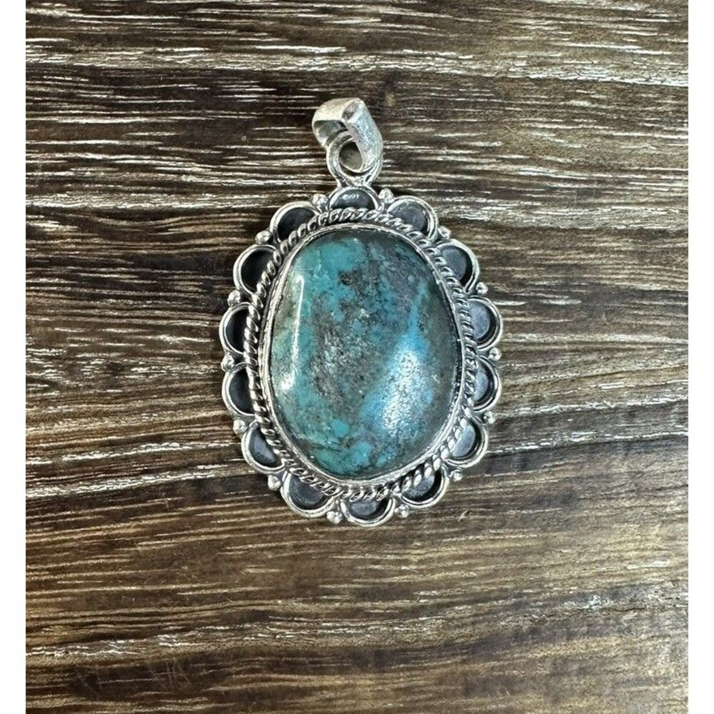 Native Southwest Sterling Silver Tibetan Turquoise Oval Scalloped Edge Pendant